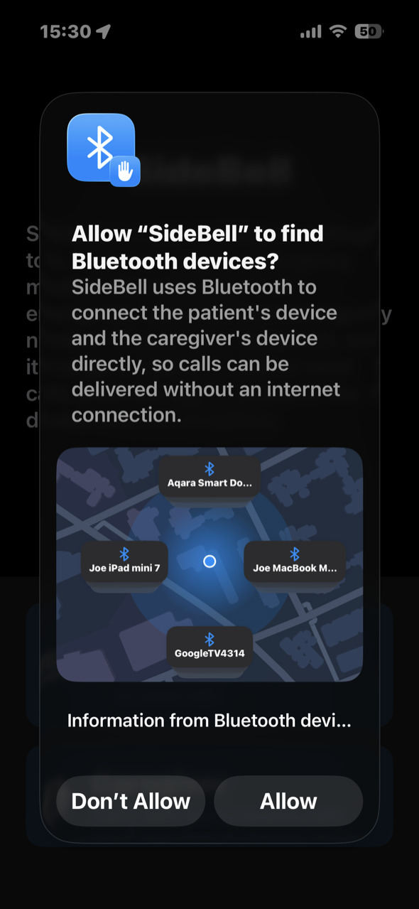 iOS on iPhone asking whether to allow SideBell to find Bluetooth devices