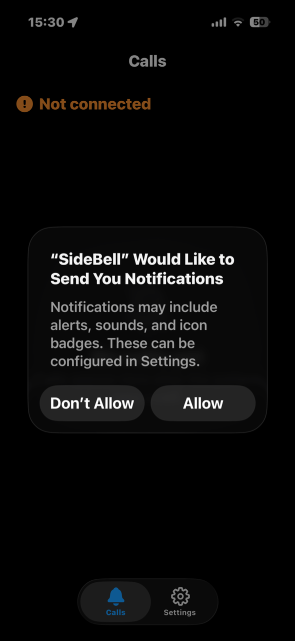 iOS asking whether to allow SideBell to send notifications
