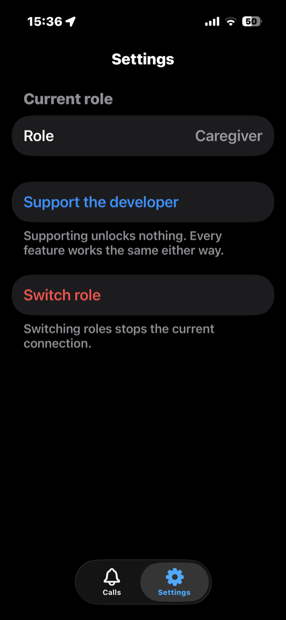 Caregiver settings screen listing Role, Support the developer and Switch role