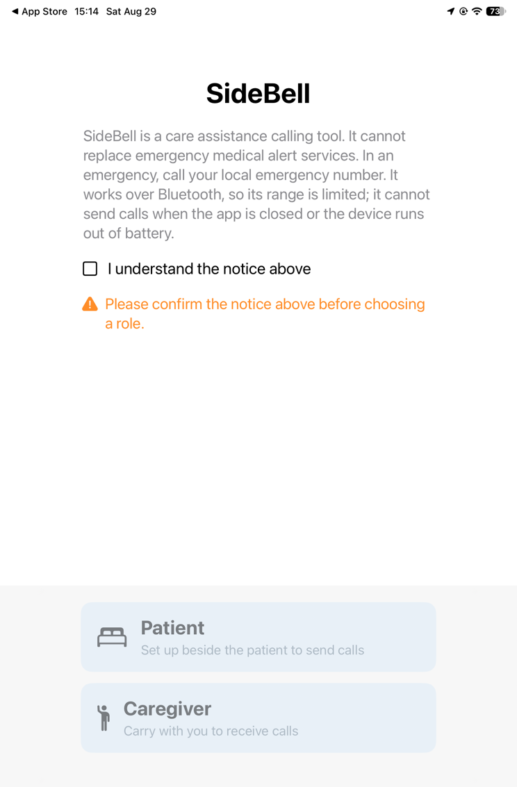 The notice screen with an unchecked checkbox and an orange warning, above two greyed-out role cards