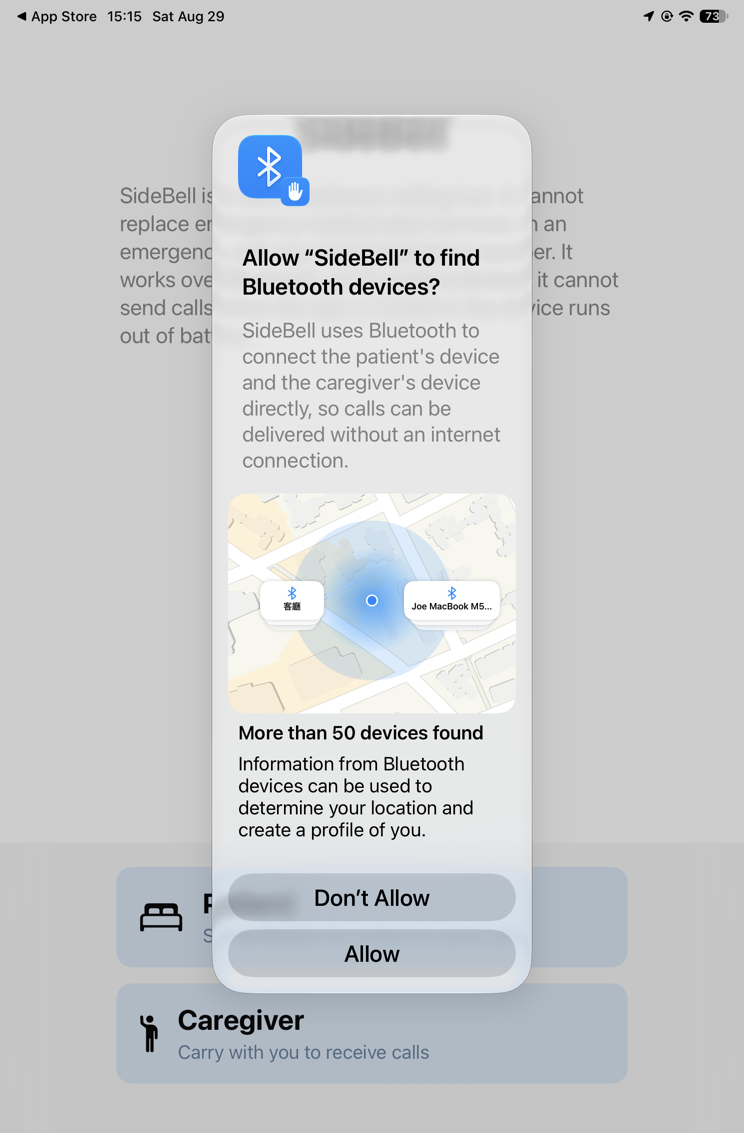 iOS asking whether to allow SideBell to find Bluetooth devices