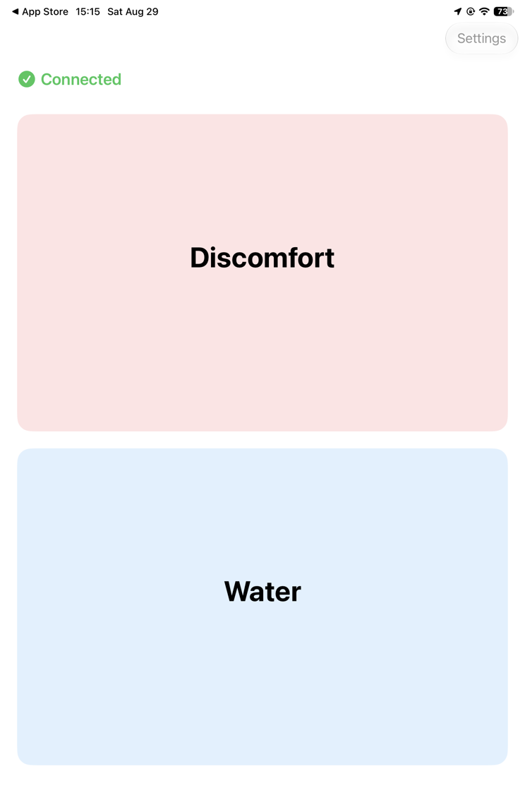 Patient main screen with a green Connected indicator and two large cells, Discomfort and Water