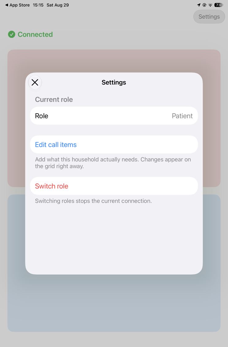 Patient settings screen listing Role, Edit call items and Switch role