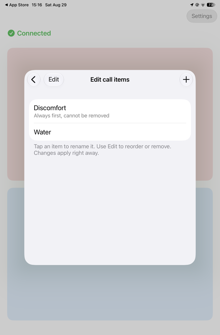 Edit call items screen listing Discomfort and Water