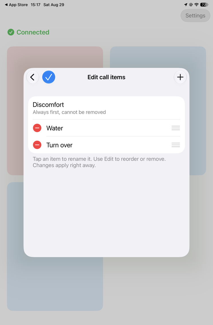 Edit mode with red minus buttons beside Water and Turn over and drag handles on the right