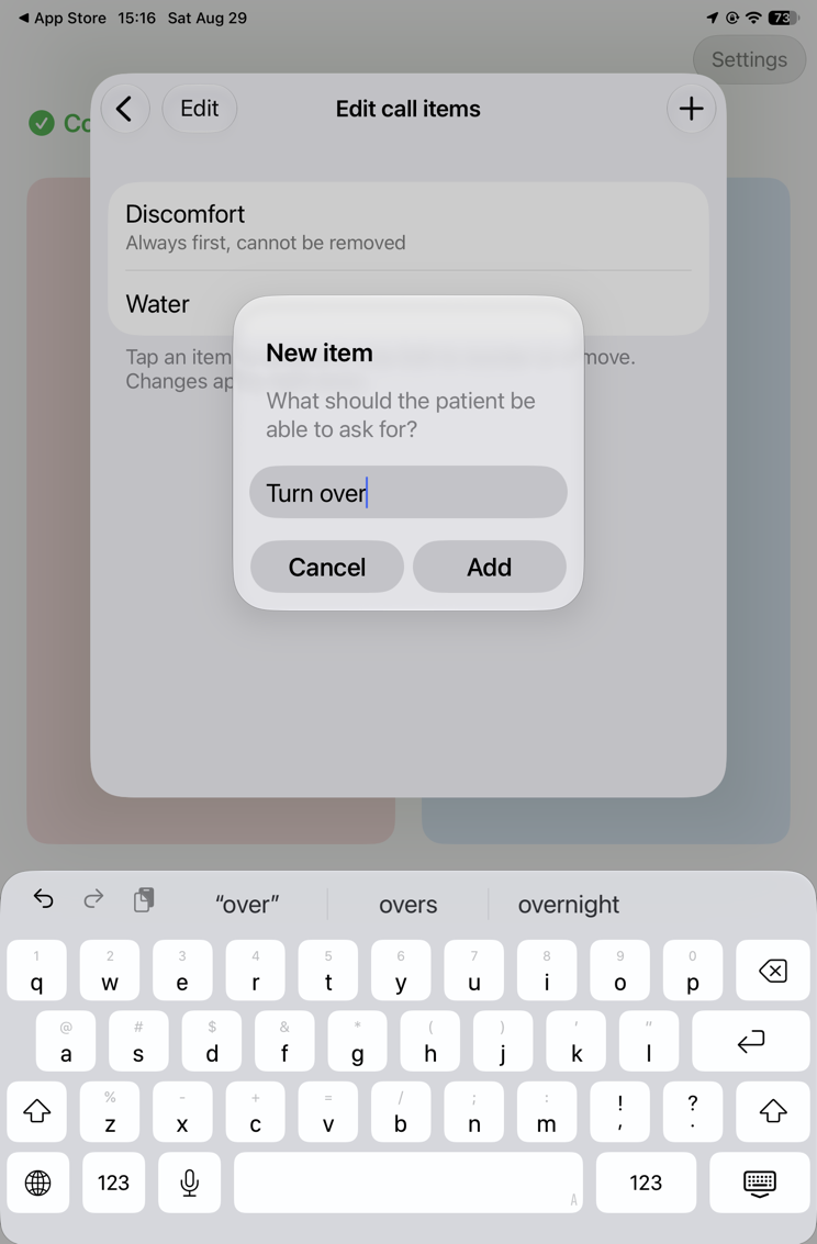 New item dialog asking what should the patient be able to ask for, with Turn over typed in