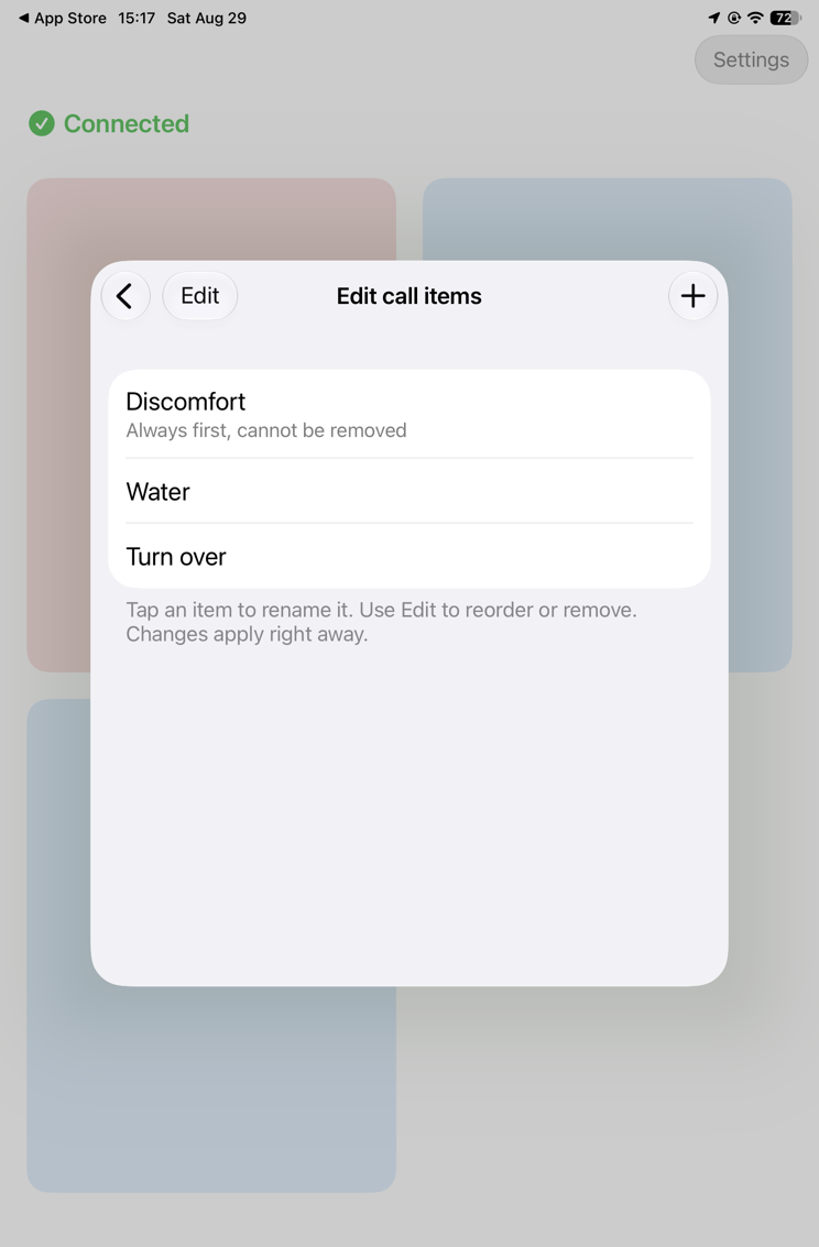 Edit call items list now showing Discomfort, Water and Turn over