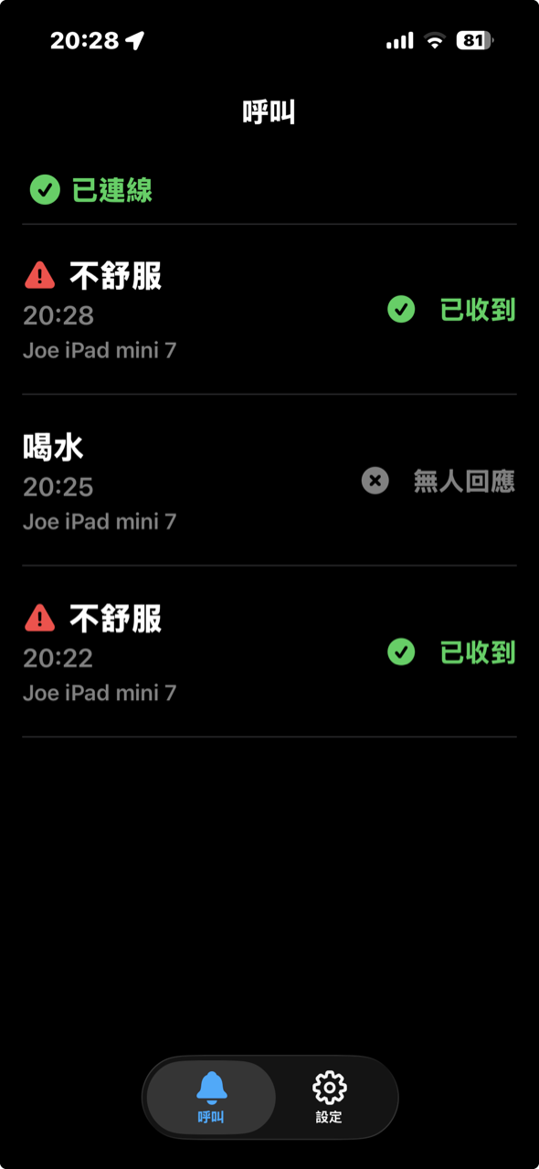 照顧者端清單，由上到下是不舒服已收到、喝水無人回應、不舒服已收到，緊急項目左側有紅色警告圖示